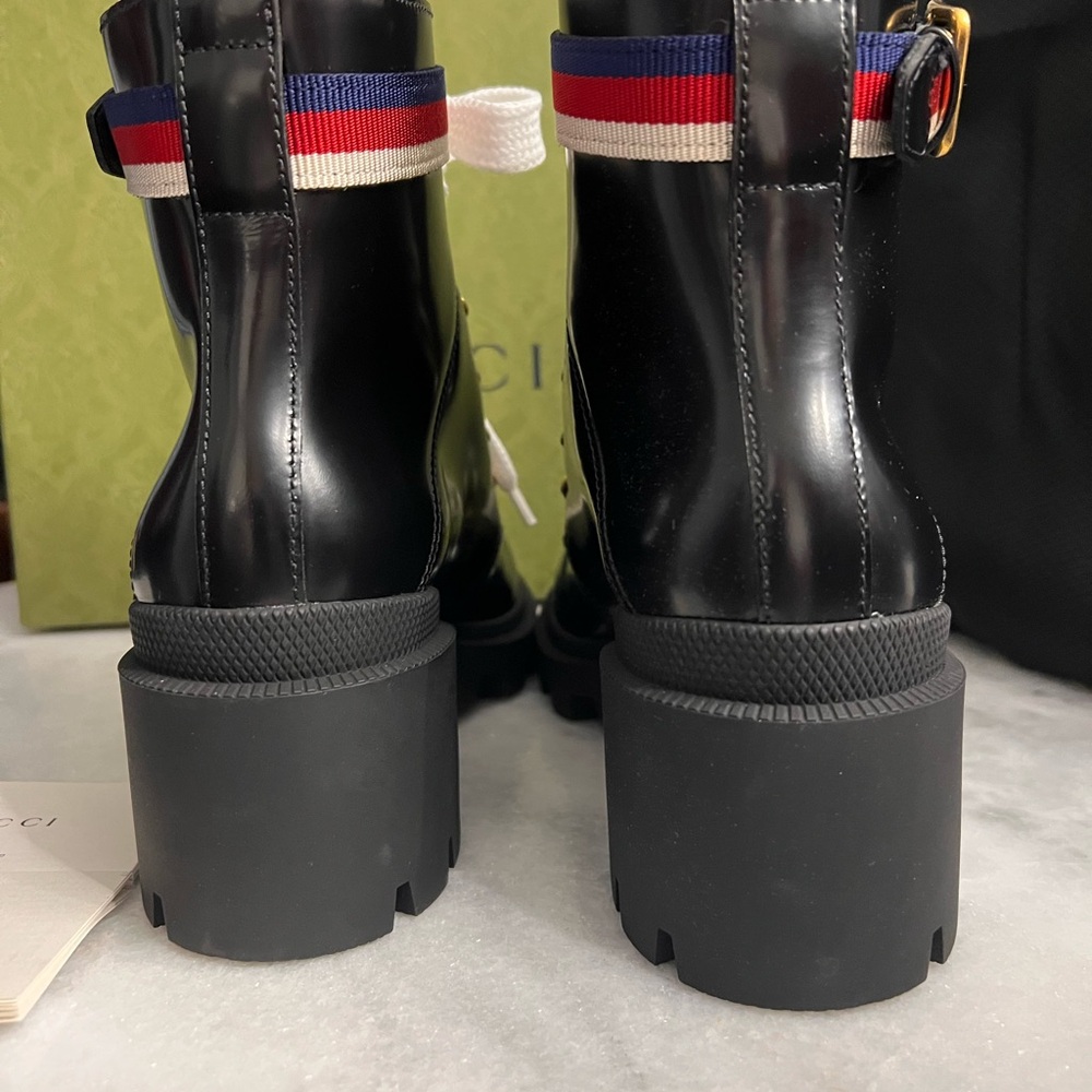 Gucci New in Box Sylvie Web Accent Leather Black Lace Up Combat Boots  US 6.5 - Picture 3 of 5